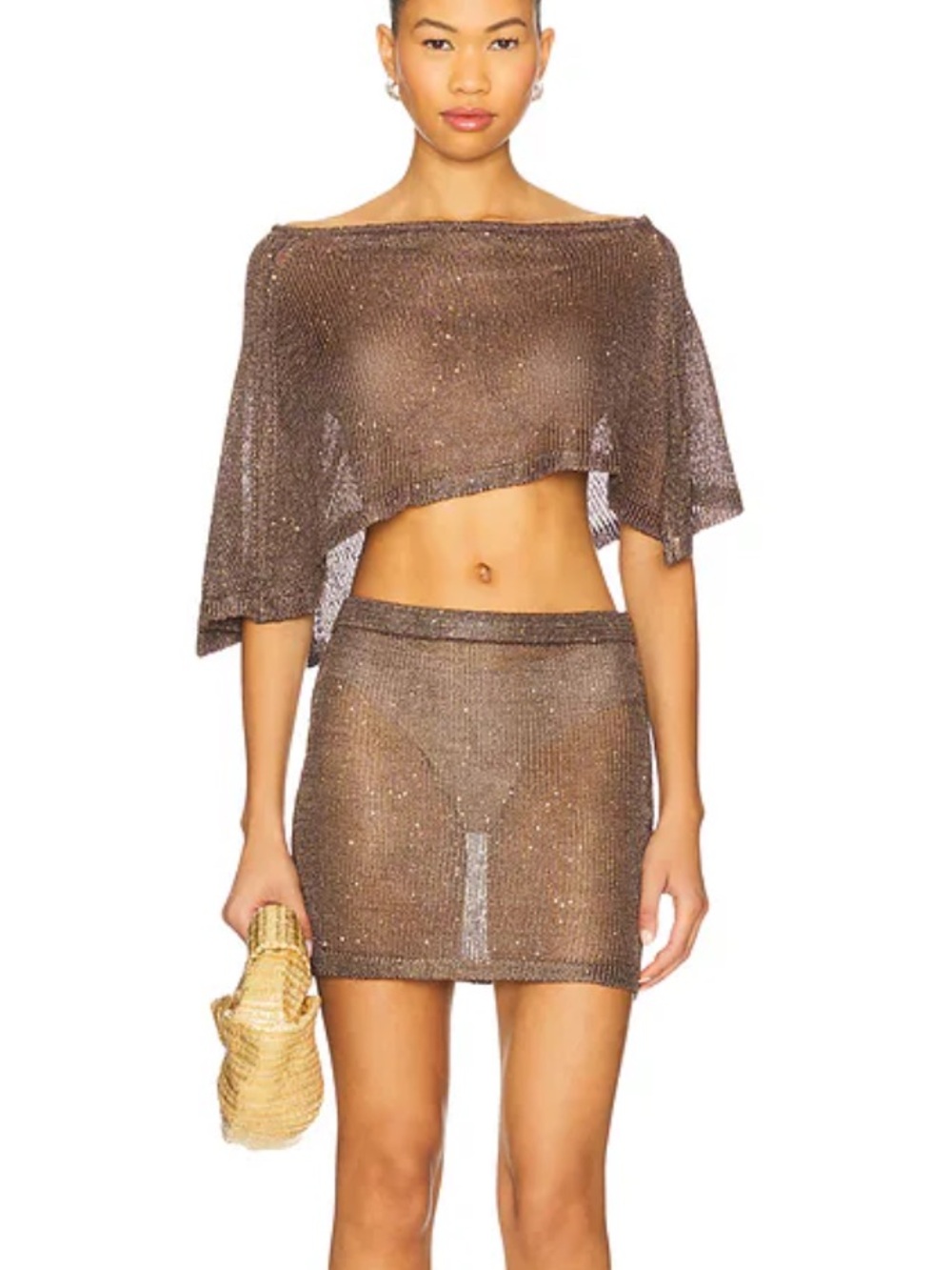 Superdown Charlena Skirt Set Brown Metallic Bronze set top mini skirt Revolve S
